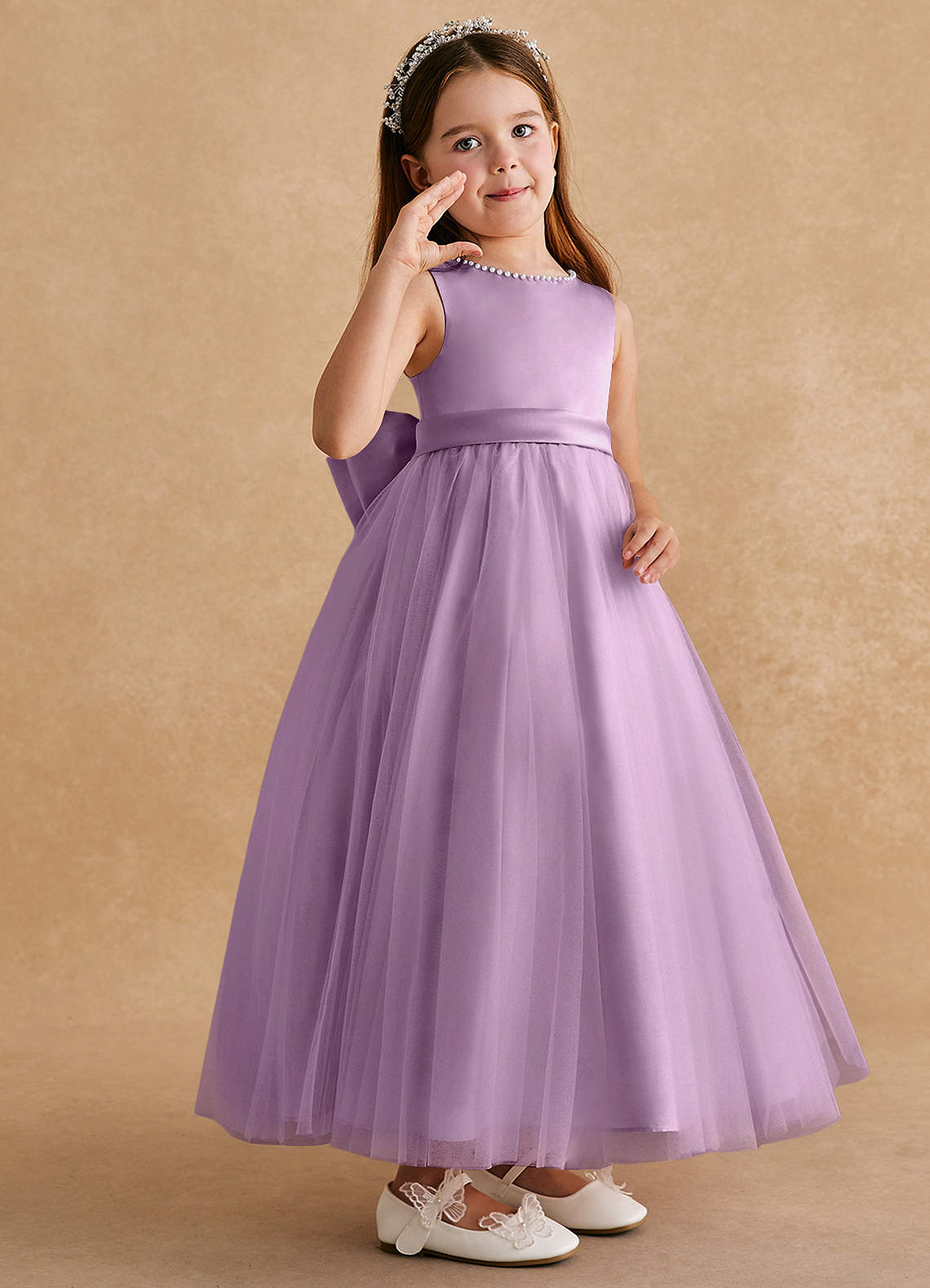 Azazie Cookie Robe Demoiselle D'honneur Fillette Robe Trapèze en Tulle Arc Glycine image1