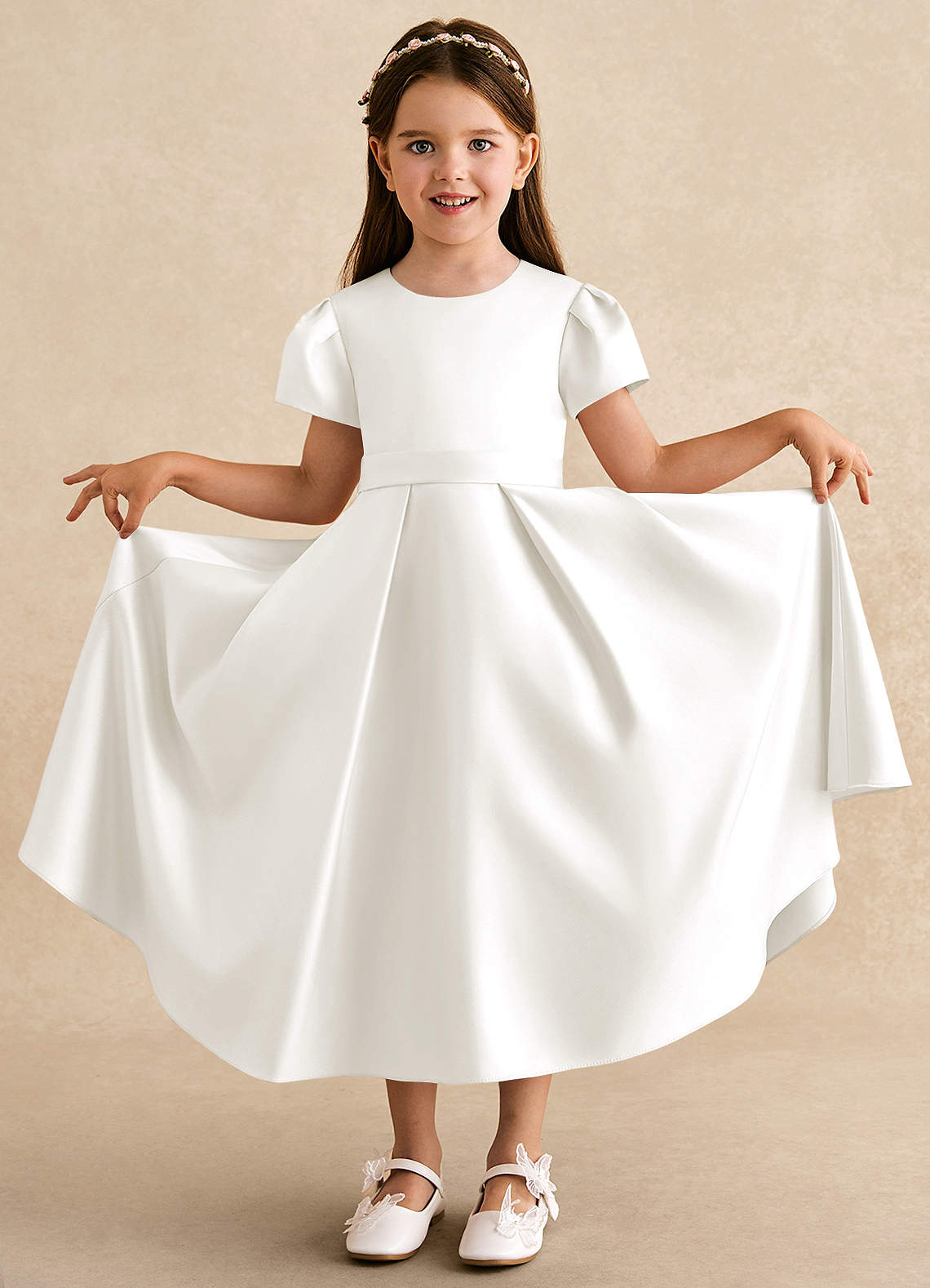 Azazie Princess Flower Girl Dresses Ivory A-Line Pleated Matte Satin Dress image2