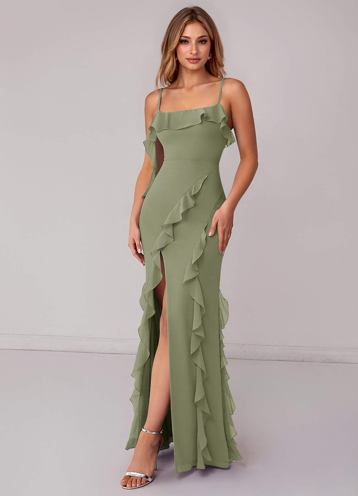 Azazie Malia Robes de demoiselle d'honneur Robe Fourreau en Mousseline de soie Rayé Pistache image3