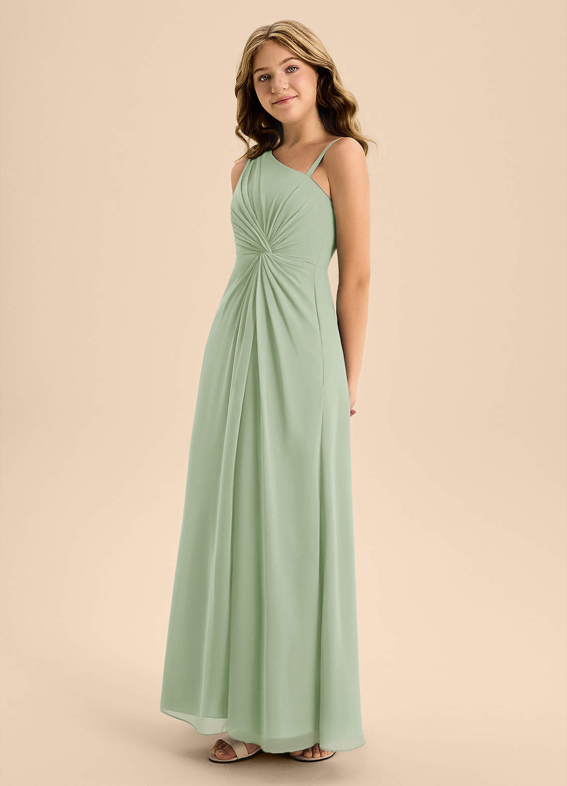 Azazie Brooke Junior Abito A-Line in Chiffon Spacco Laterale Verde Salvia image5