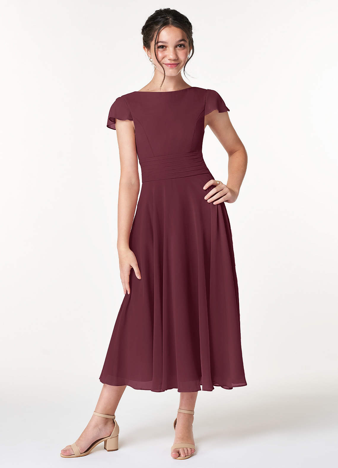 Azazie Payton Junior Abito A-Line in Chiffon Fiocco Cabernet image1
