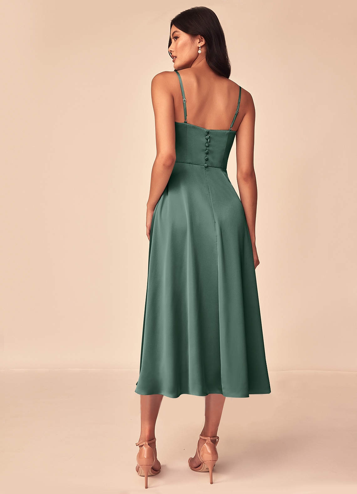 Azazie Dottie Venta Final Vestido de Eucalipto de Satén Elástico de Corte en A image1