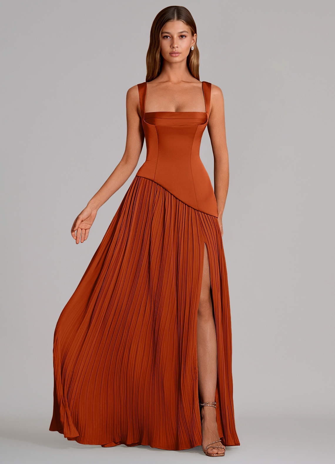 Azazie Stephanie Bridesmaid Dresses Burnt Orange A-Line Pleated Stretch Satin Dress image3