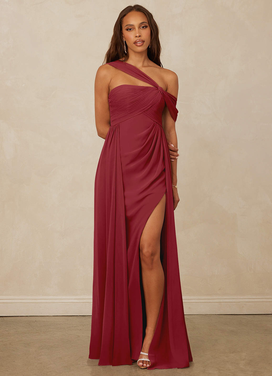 Christian Siriano Bridal for Azazie 1014 Bridesmaid Dresses Pomegranate A-Line Off the Shoulder Chiffon Dress image1