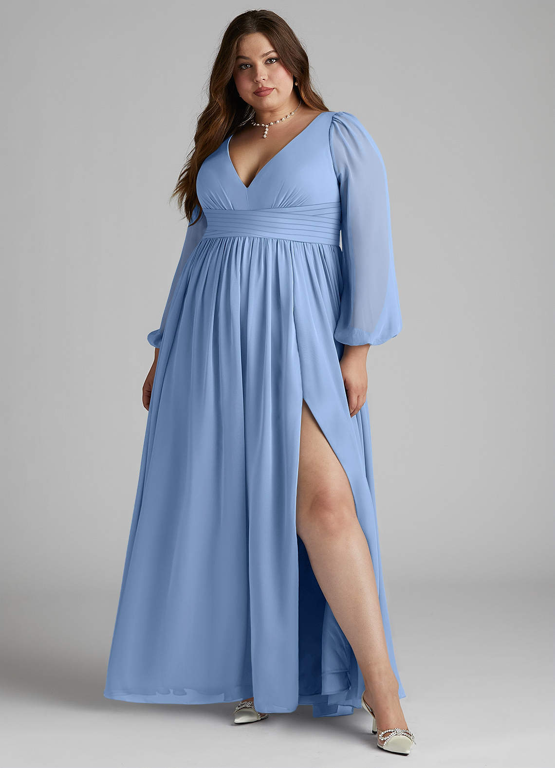 Azazie Norah Bridesmaid Dresses Steel Blue A-Line V-Neck Long Sleeve Chiffon Dress image5