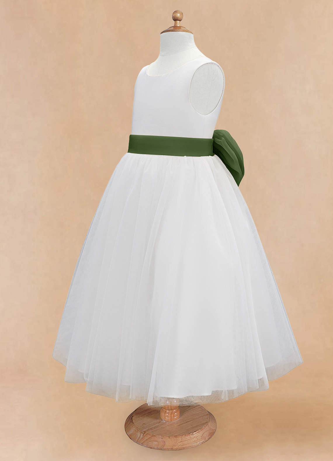 Azazie Kavi Flower Girl Dresses Ivory Olive A-Line Bow Matte Satin Dress image8
