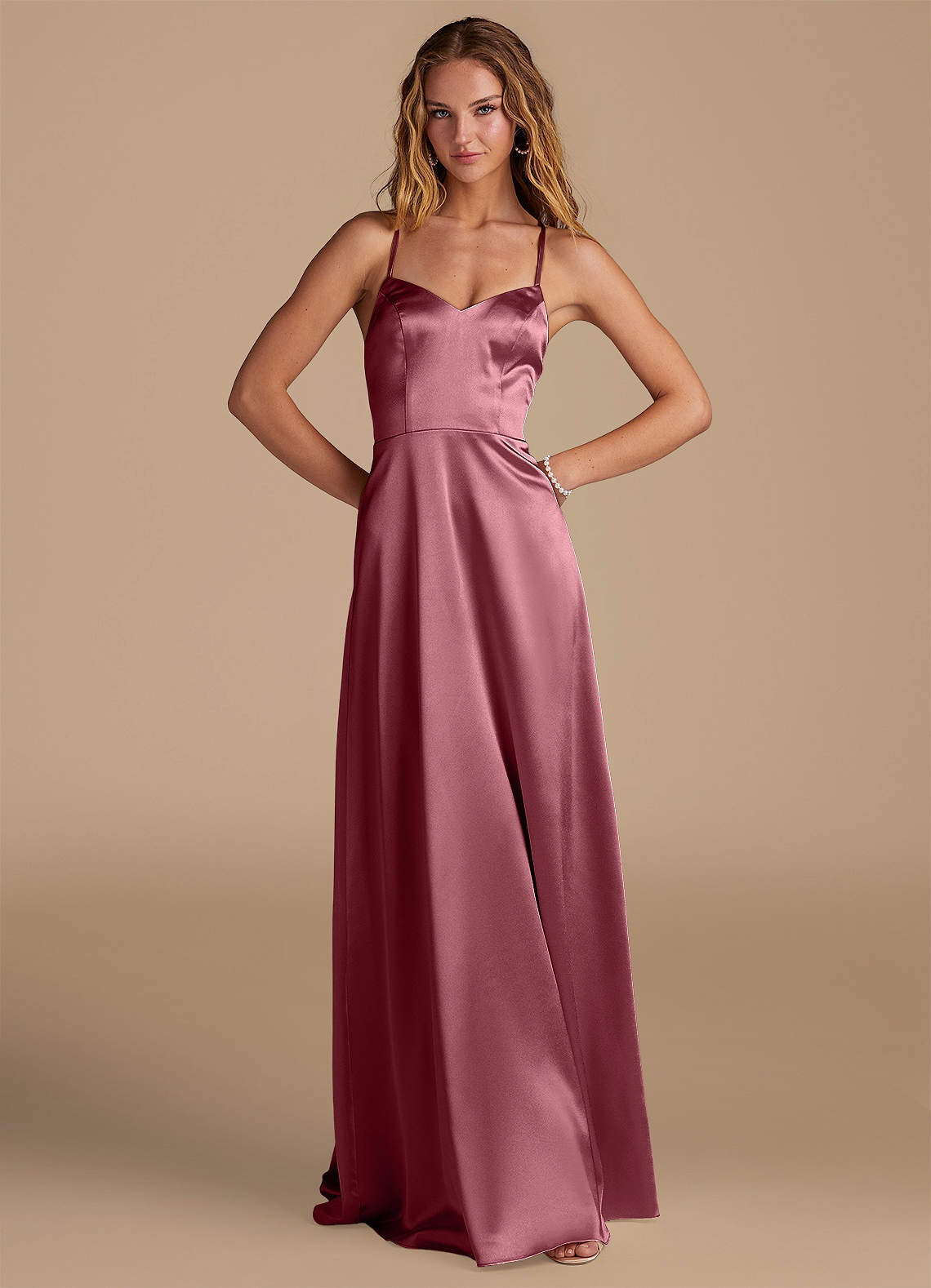 Azazie Mei Brautjungfernkleider A-Linie Metallischer Satin Kleid Wüstenrose image1