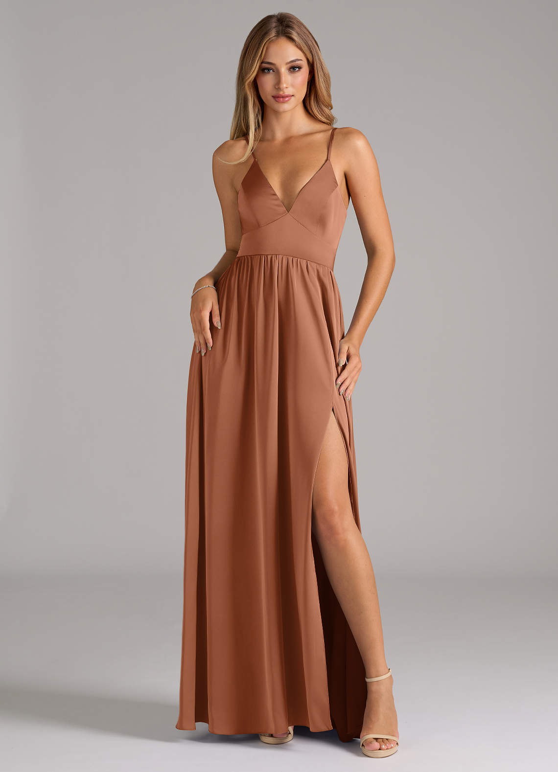 Azazie Aaida Bridesmaid Dresses Bronzer A-Line Corset Stretch Satin Dress image1