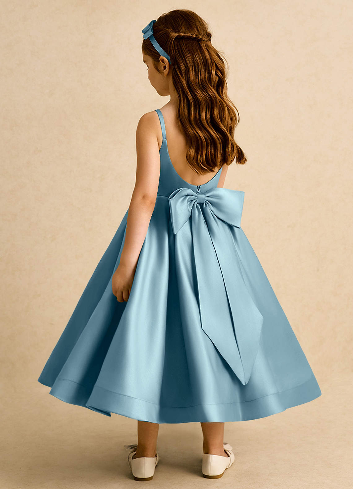 Azazie Babs Flower Girl Dresses Moody Blue Ball-Gown Pleated Matte Satin Dress image1