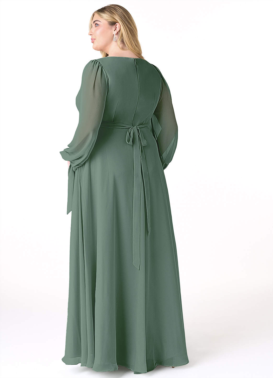 Azazie Leonia Bridesmaid Dresses Eucalyptus A-Line Long Sleeve Chiffon Dress image8