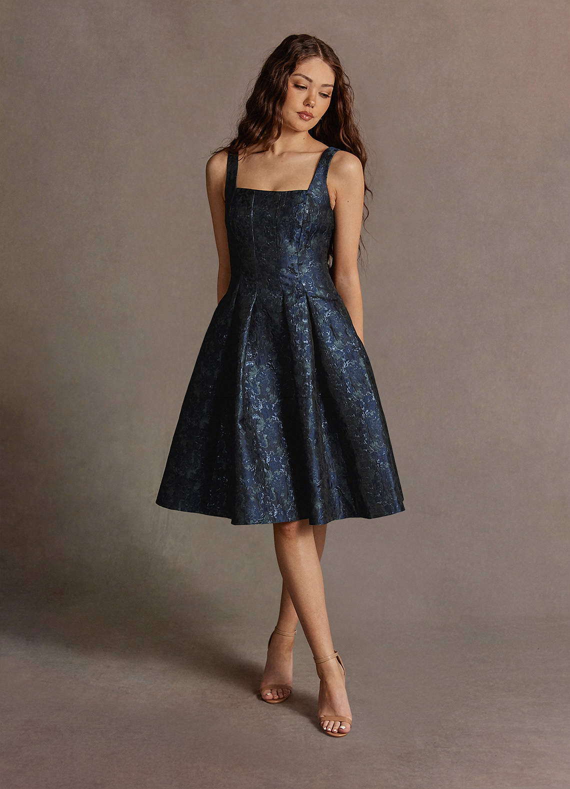 Jackey Navy Jacquard Pleated Midi Dress | Azazie AU