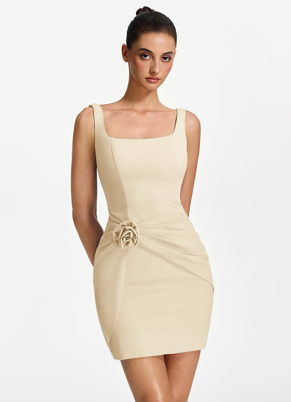 champagne mini dress formal Azazie Bodycon Sweet 16 3D Flowers Stretch Knit Square kay unger dress
