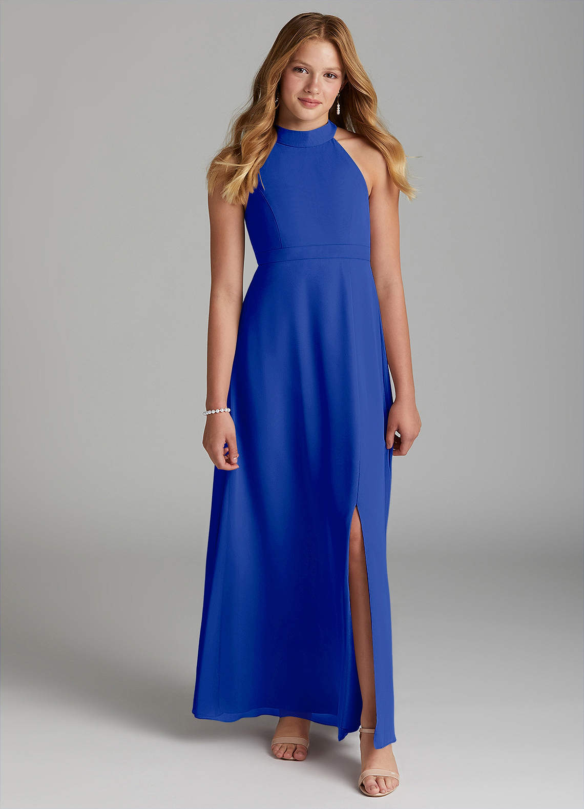 Azazie Clarice Junior Robe Trapèze en Mousseline de soie Fente Latérale Bleu Roi image3