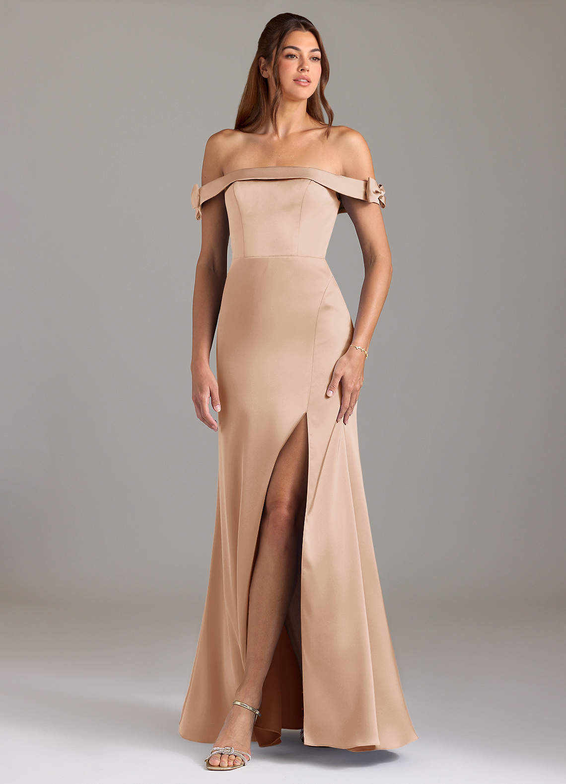 Azazie Zayla Bridesmaid Dresses English Rose A-Line Off the Shoulder Stretch Satin Convertible Dress image1