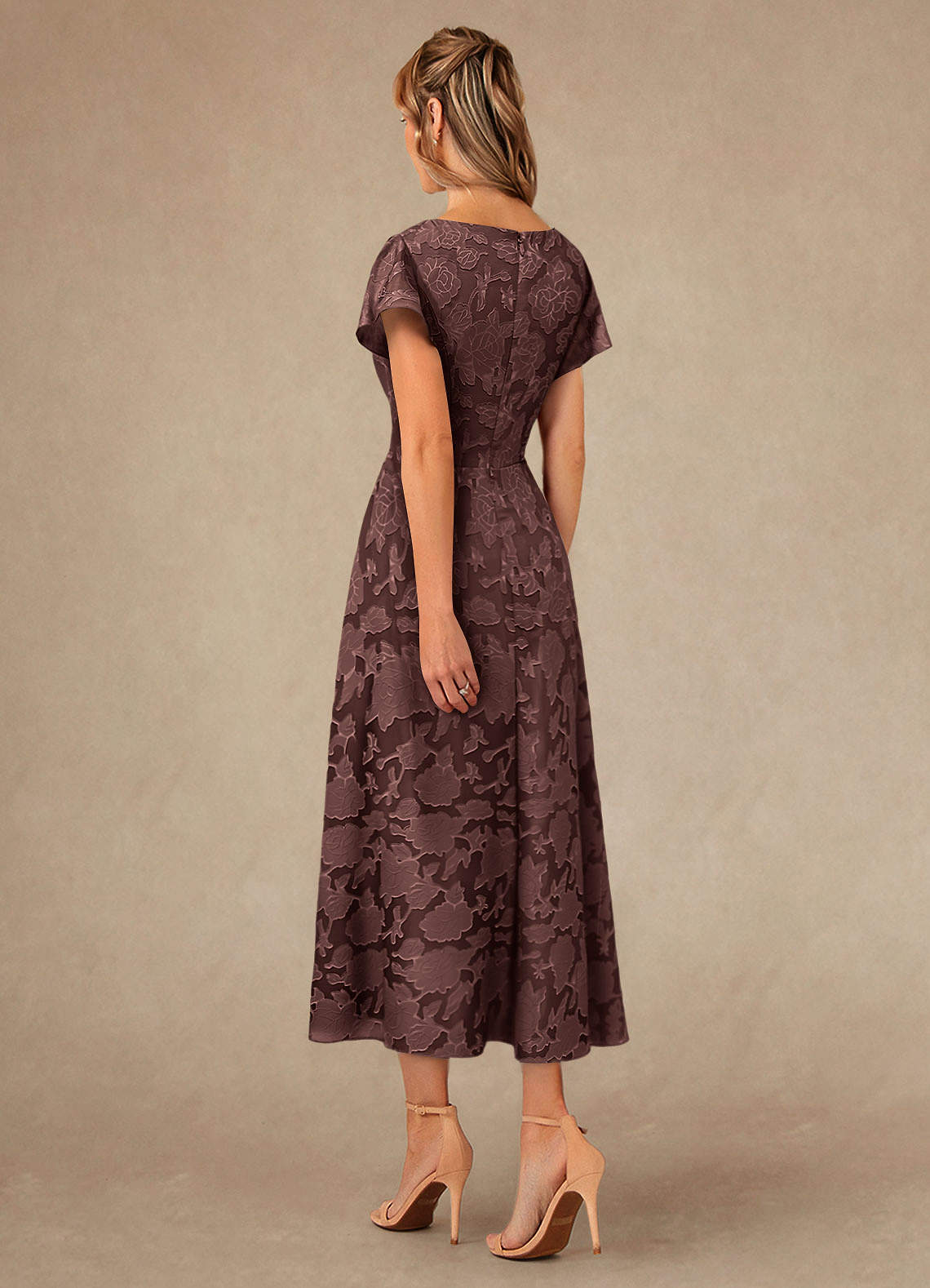Azazie Vera Mother of the Bride Dresses Espresso A-Line Pleated Floral Burnout Dress image2