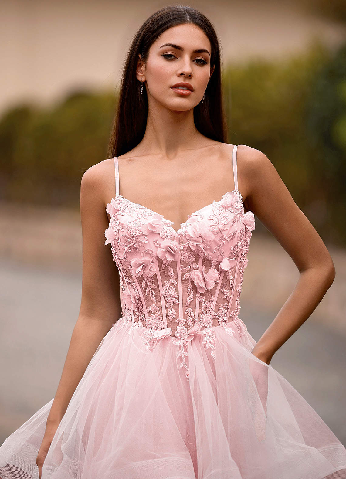 Dreama Blushing Pink Lace Corset Ruffle Prom Dress | Azazie