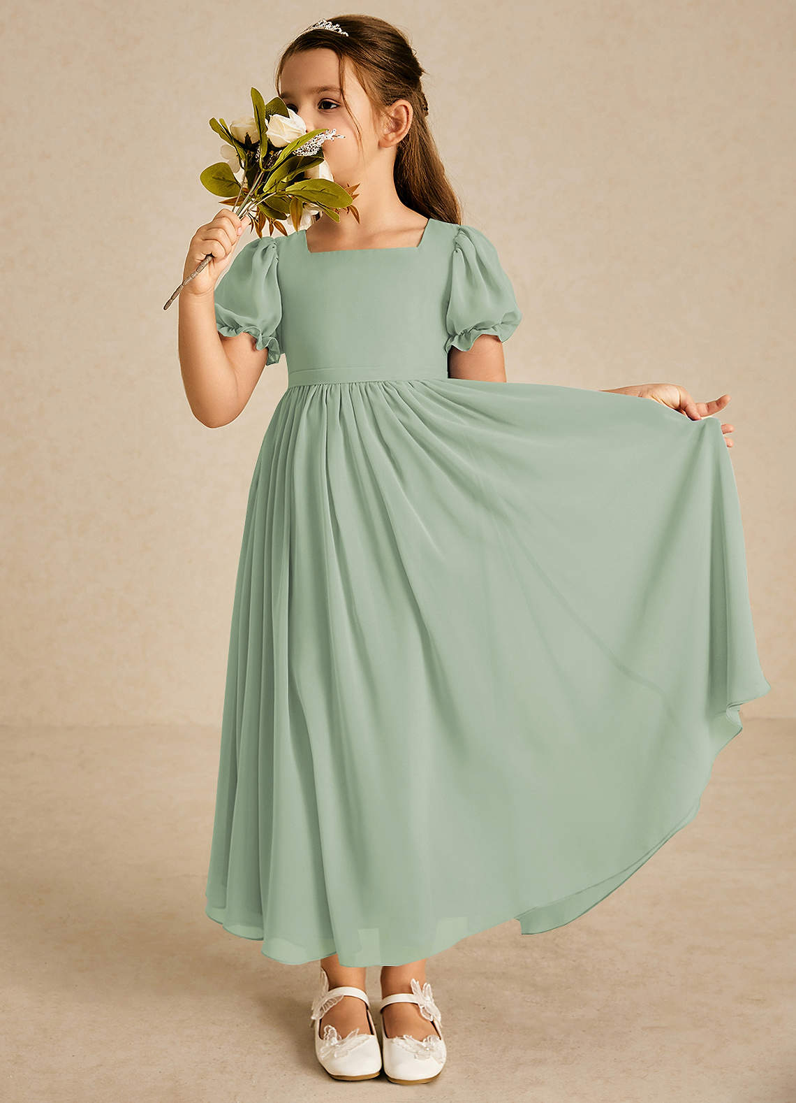 Azazie Joss Flower Girl Dresses Agave A-Line with Sleeves Chiffon Dress image1