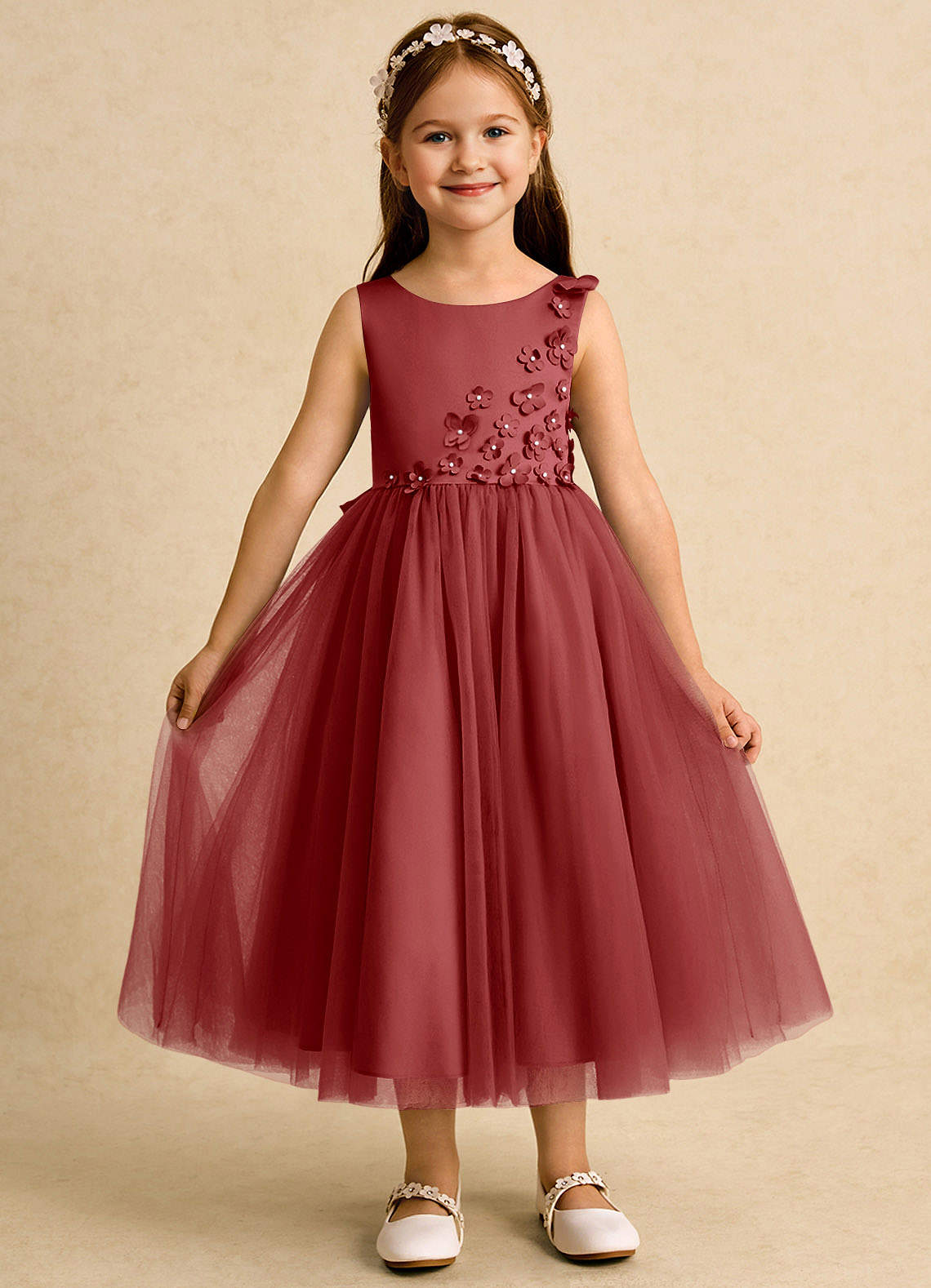 Azazie Malva Flower Girl Dresses Rust Ball-Gown Bow Tulle Dress image1