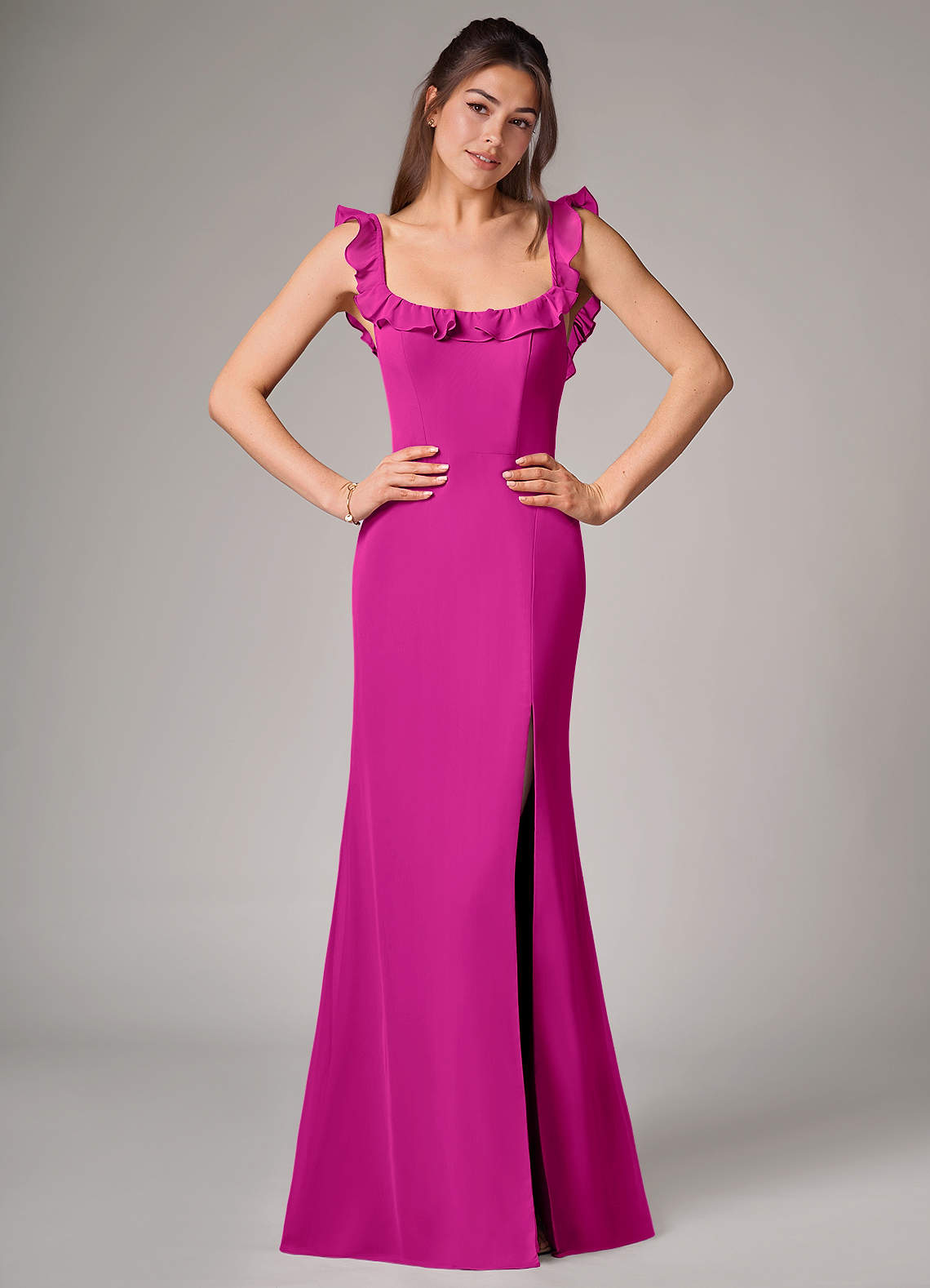 Azazie Callie Bridesmaid Dresses Fuchsia Mermaid Side Slit Chiffon Convertible Dress image1