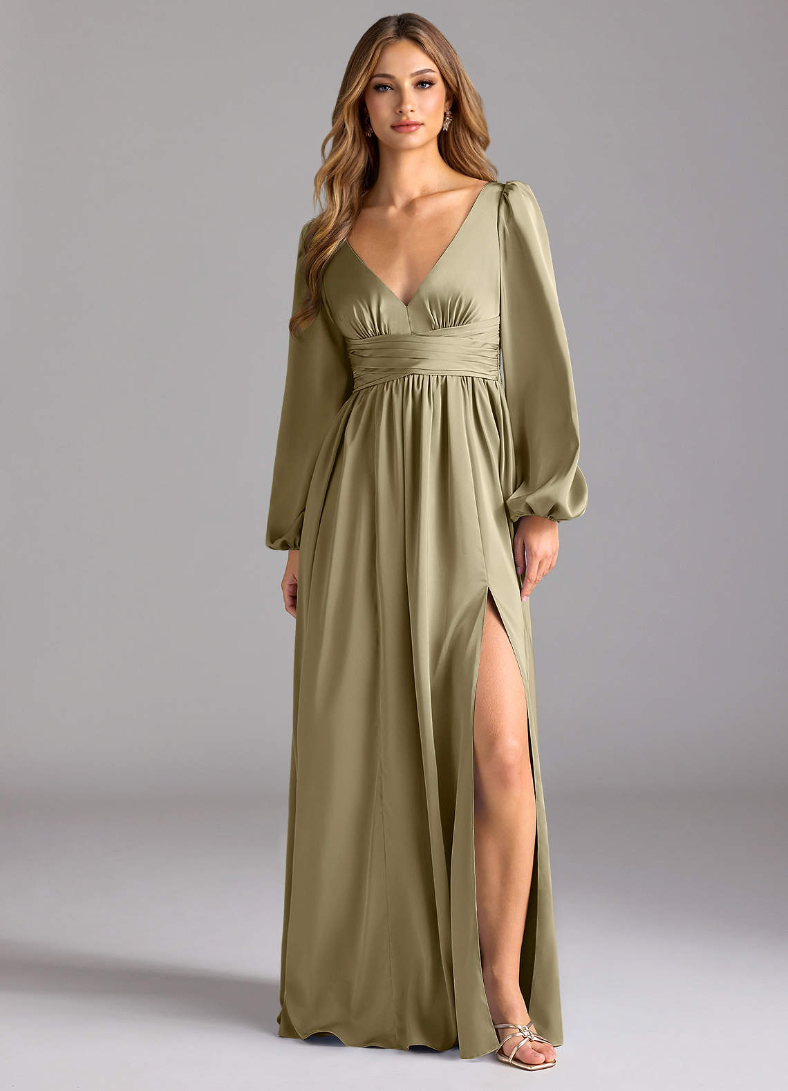 Azazie Norah Bridesmaid Dresses Moss Green A-Line Stretch Satin Dress image1
