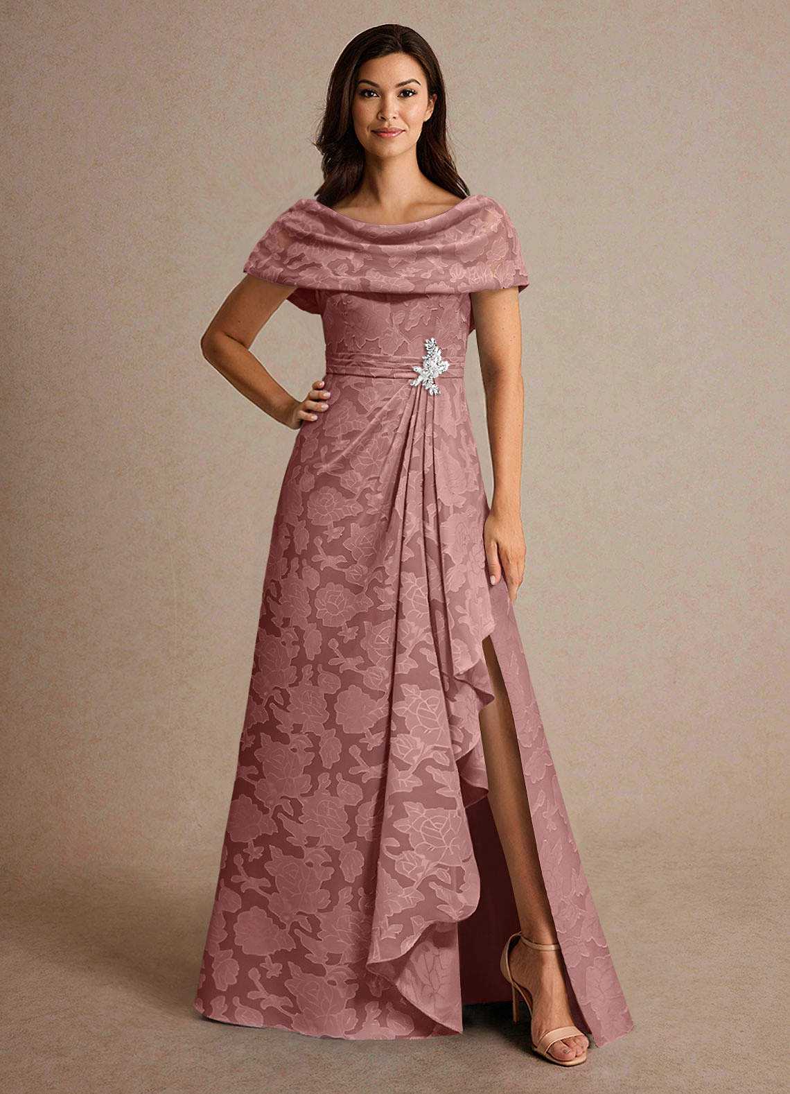 Azazie A-Line/Princess Cowl Neck Floor-Length Floral Burnout Mother of The Bride or Groom Dresses - Dusty Rose