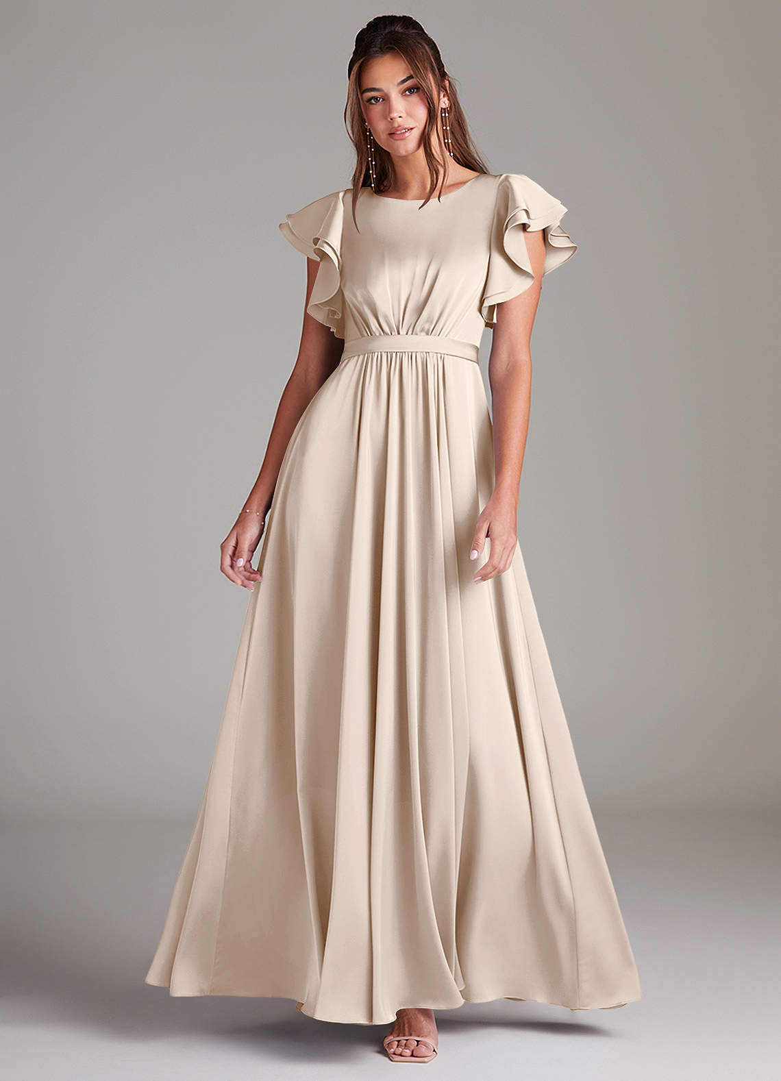 Azazie Daphne Modest Bridesmaid Dresses A-Line Ruched Stretch Satin Floor-Length Dress image1