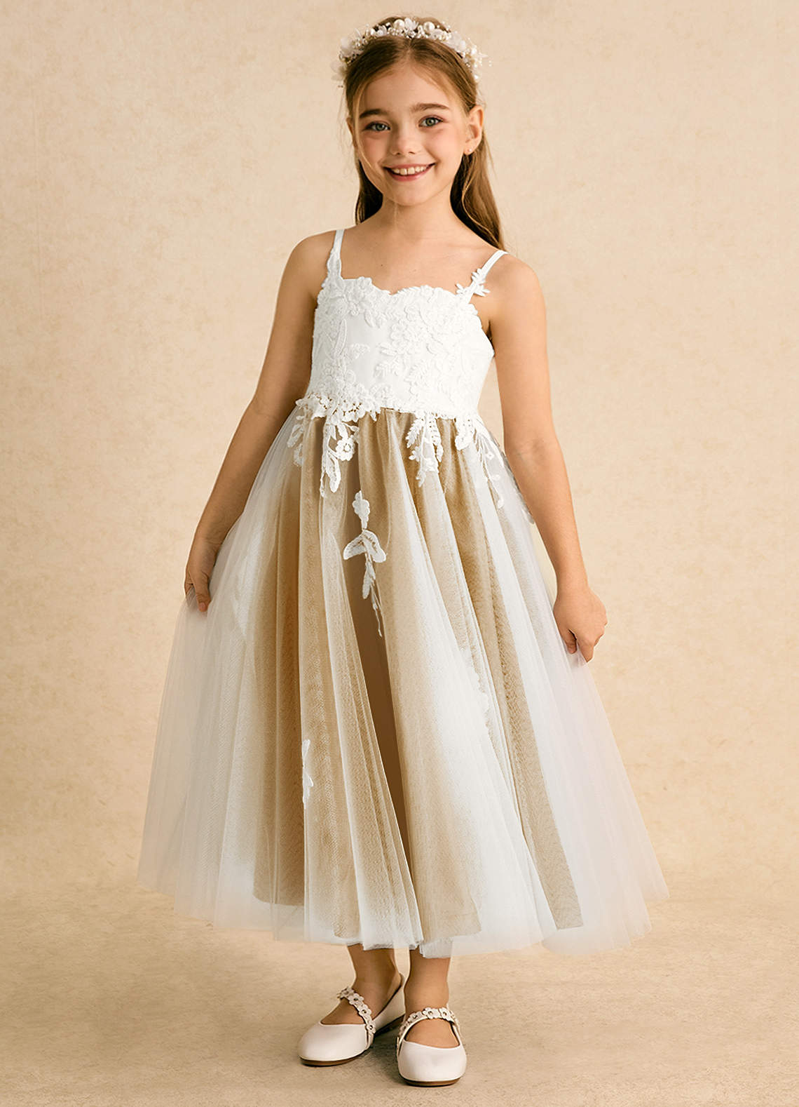 Azazie Coraline Flower Girl Dresses Ivory Butterscotch A-Line Lace Dress image1