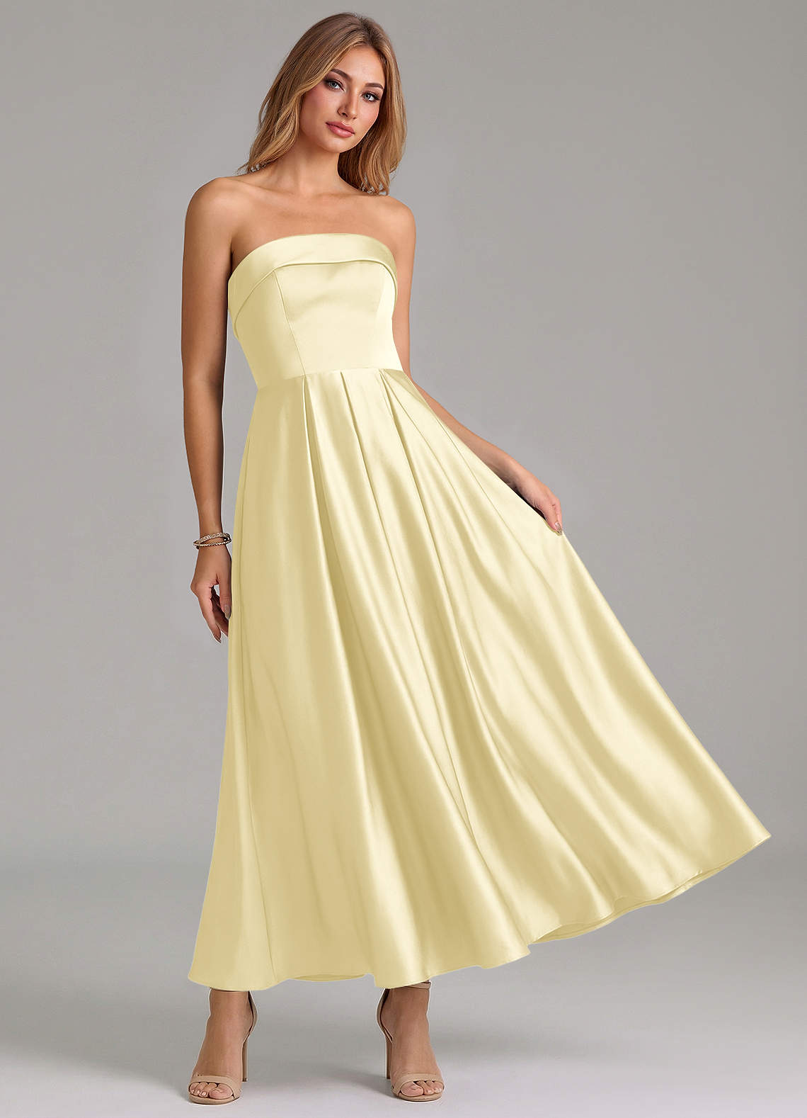 Azazie Lucienne Brudtärnklänningar Klä av A-Linje i Stretch Satin Plisserad Citronsorbet image6