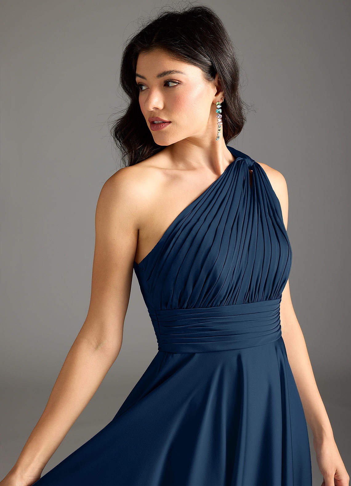 Azazie Charlize Bridesmaid Dresses Dark Navy A-Line One Shoulder Stretch Satin Dress image6