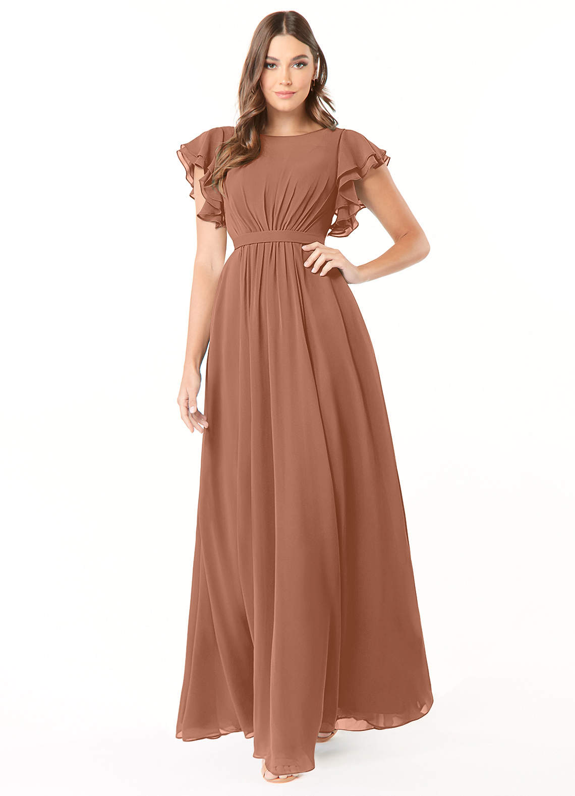 Azazie Plus Size A Line Princess Illusion Floor Length Chiffon Modest Bridesmaid Dresses Bronzer