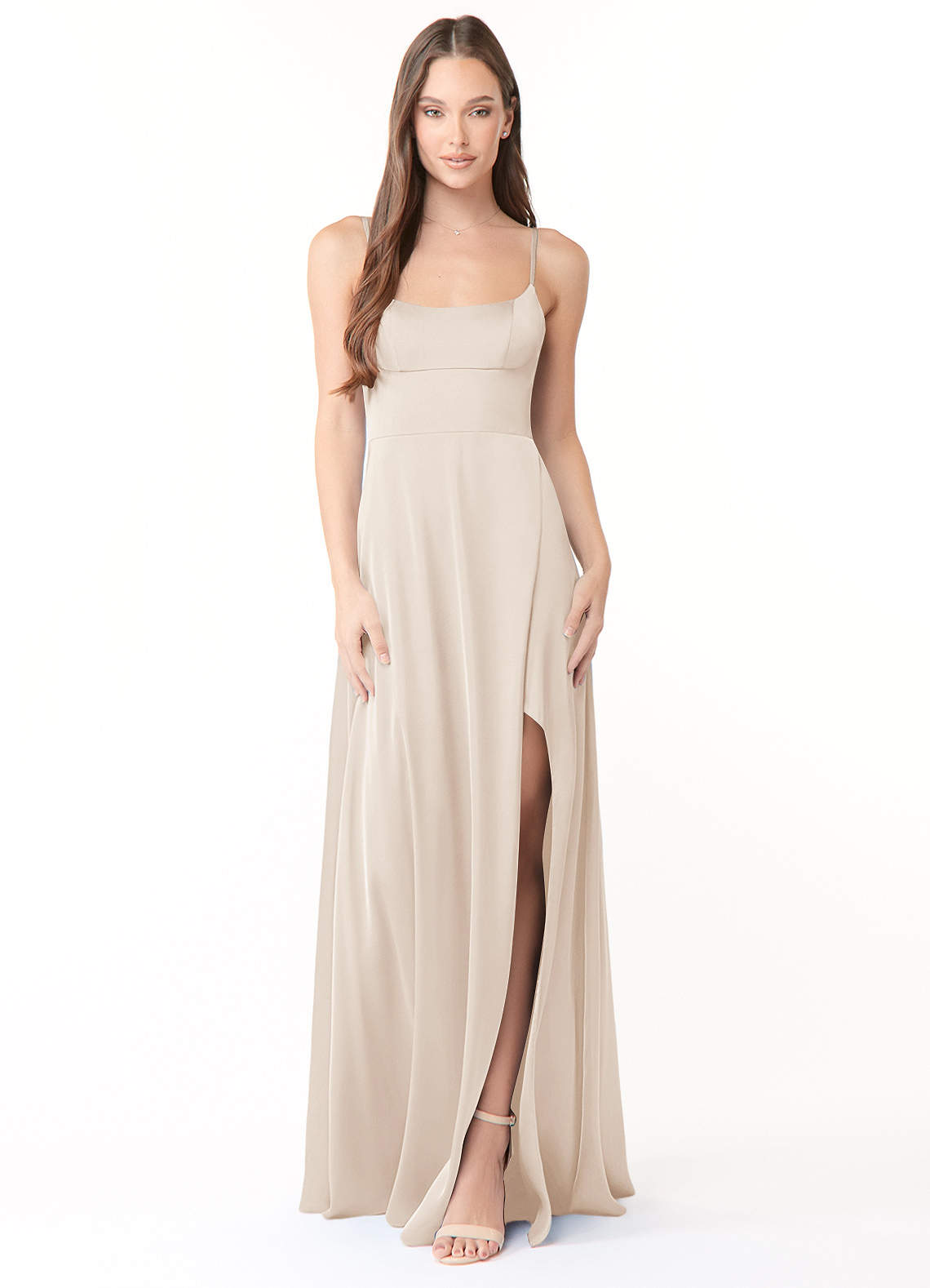 Azazie Halsey Bridesmaid Dresses White Alabaster Sheath Side Slit Stretch Satin Dress image1