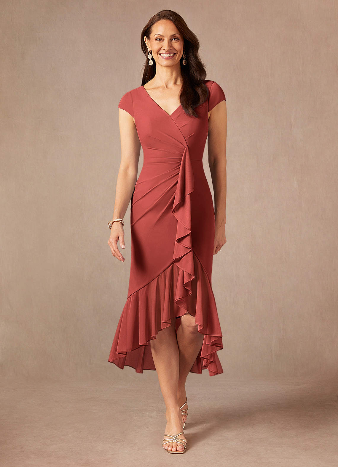 Azazie Renetta Mother of the Bride Dresses Terracotta Sheath V-Neck Pleated Mesh Dress image1