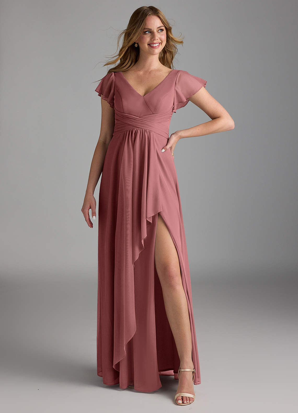 Azazie Omari Robes de demoiselle d'honneur Robe Trapèze en Maille Rose Du Désert image1