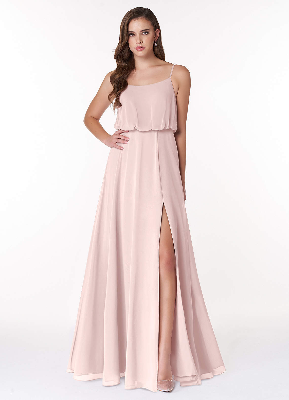 Azazie Lupe Bridesmaid Dresses Blushing Pink A-Line Scoop Blouson Chiffon Dress image1