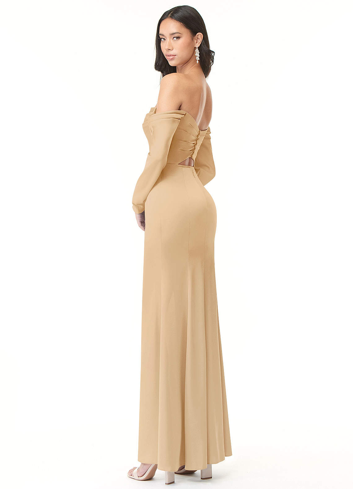 Azazie Sheath Cowl Neck Floor Length Stretch Satin Bridesmaid Dresses Gold