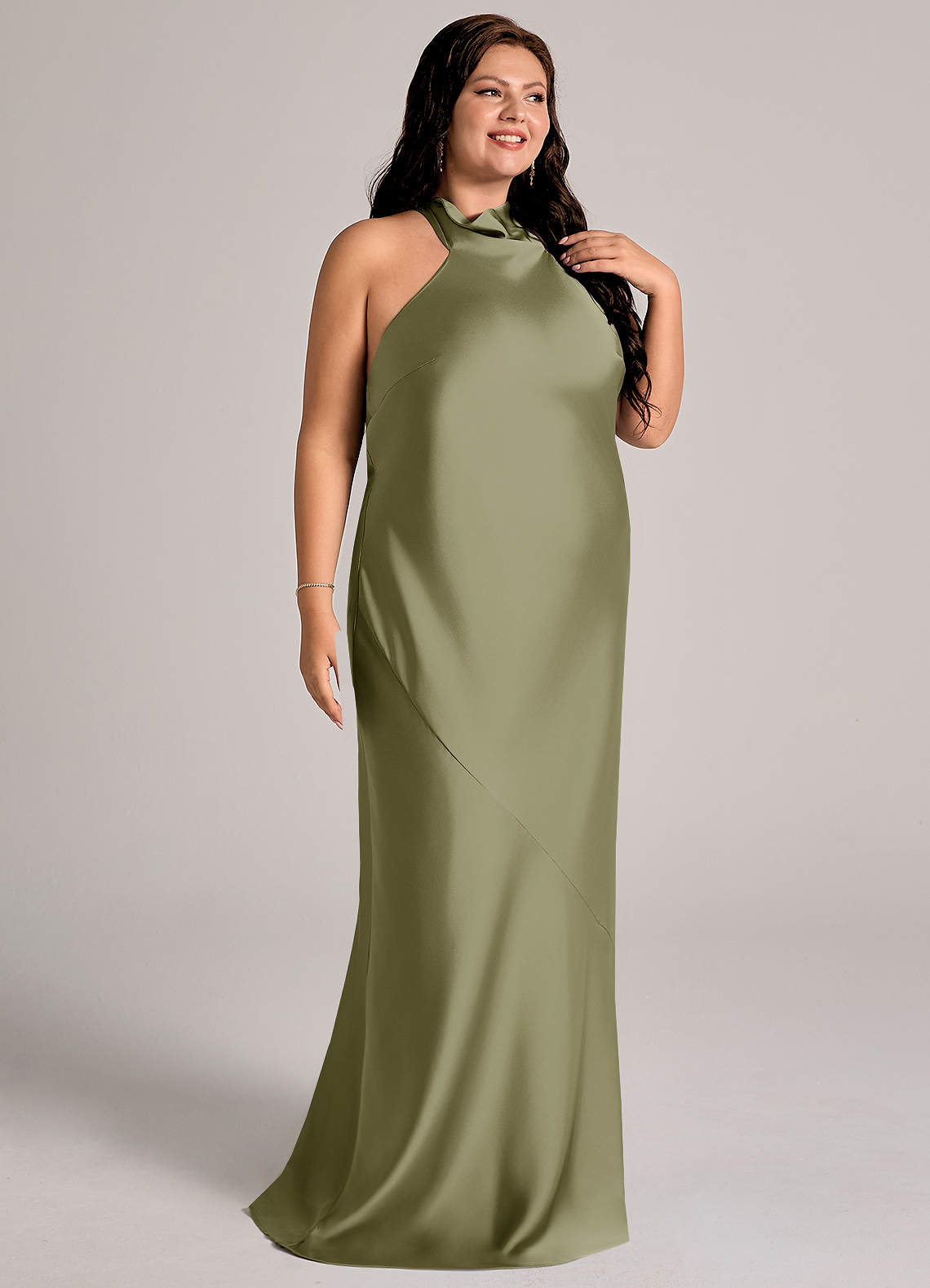 Azazie Velli Abiti da Damigella Abito Sirena in Raso Elasticizzato Collo Alto Pistacchio image11