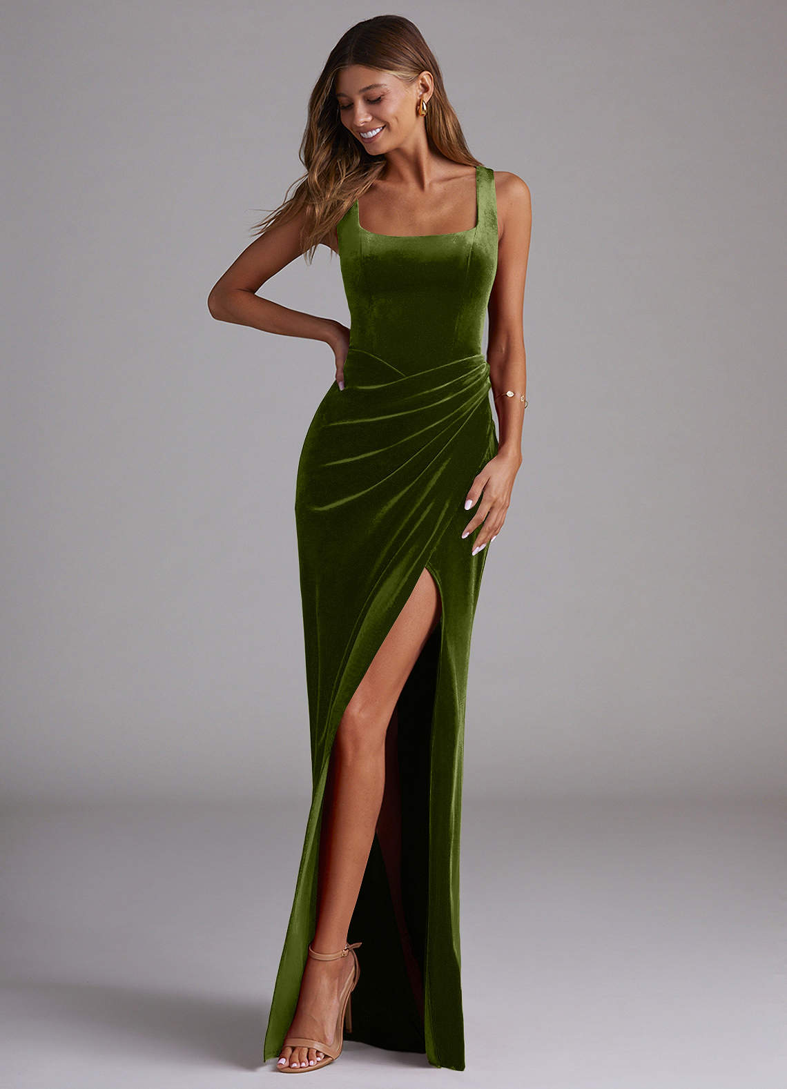 Azazie Mero Bridesmaid Dresses Olive Sheath Pleated Velvet Dress image1