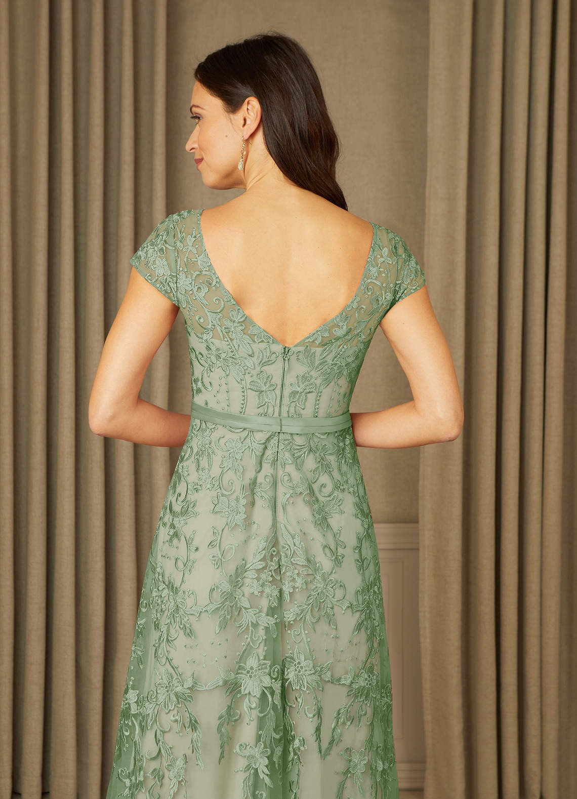 Square Neckline Lace Appliqued Tulle Gown Dusty Sage