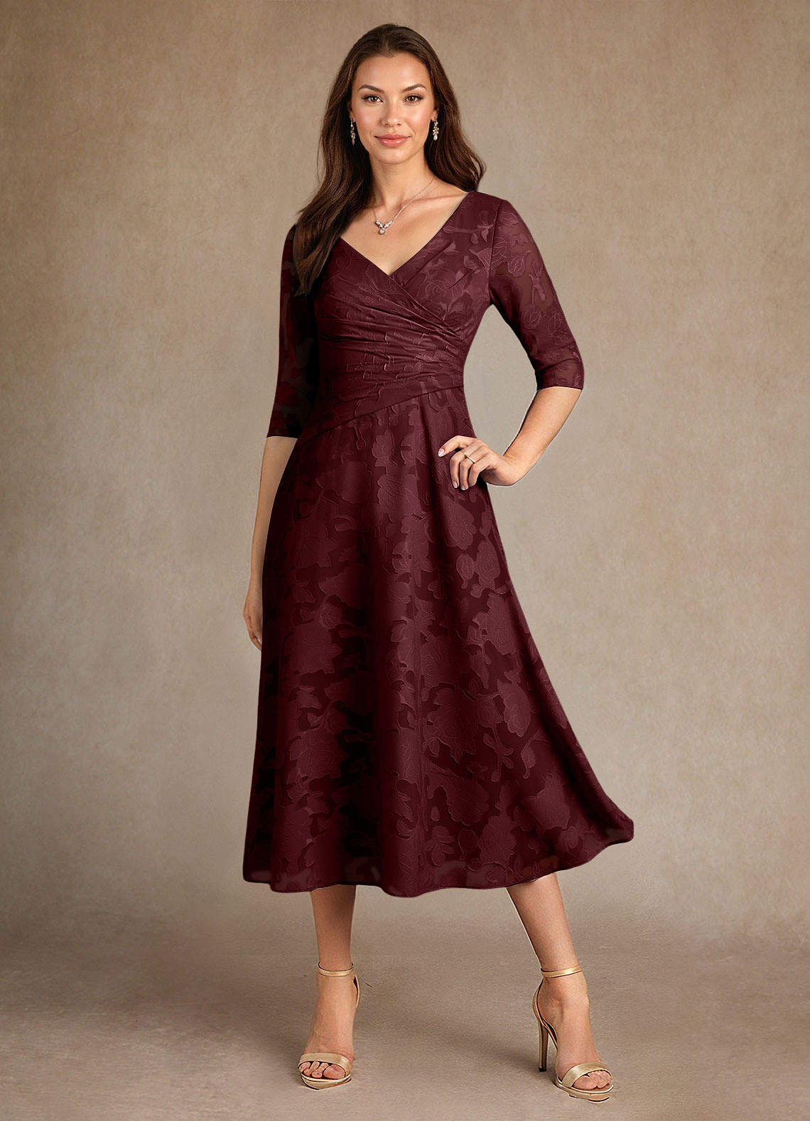 Azazie Durant Mother of the Bride Dresses Cabernet A-Line Pleated Floral Burnout Dress image3