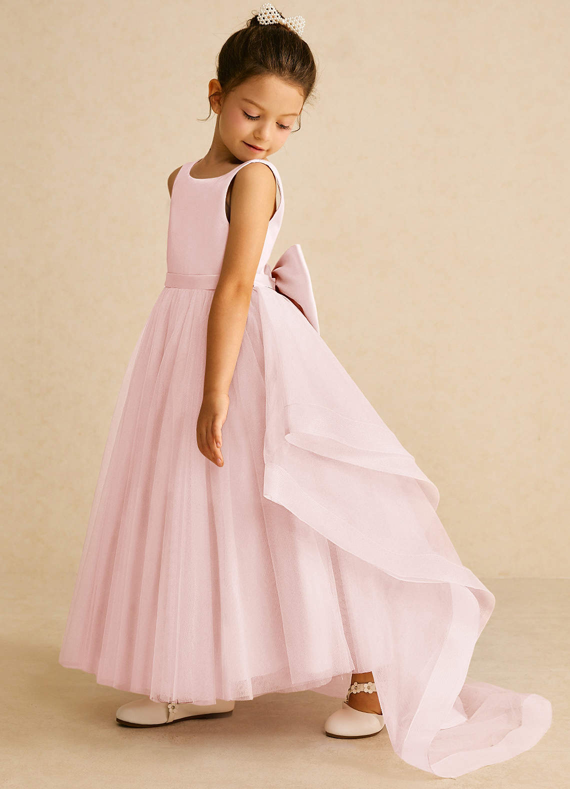 Azazie Pumpkin Flower Girl Dresses Blushing Pink A-Line Bow Tulle Dress image3