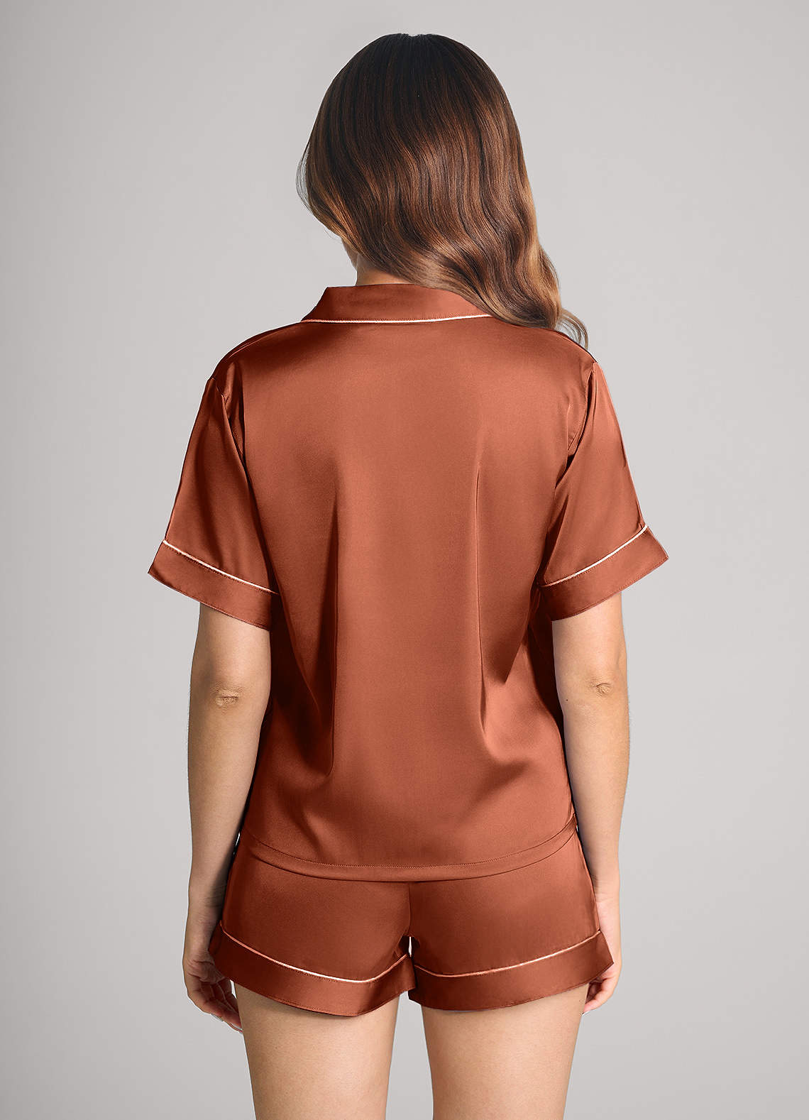 front Matching Color Satin Contrast Piping Pajama Set