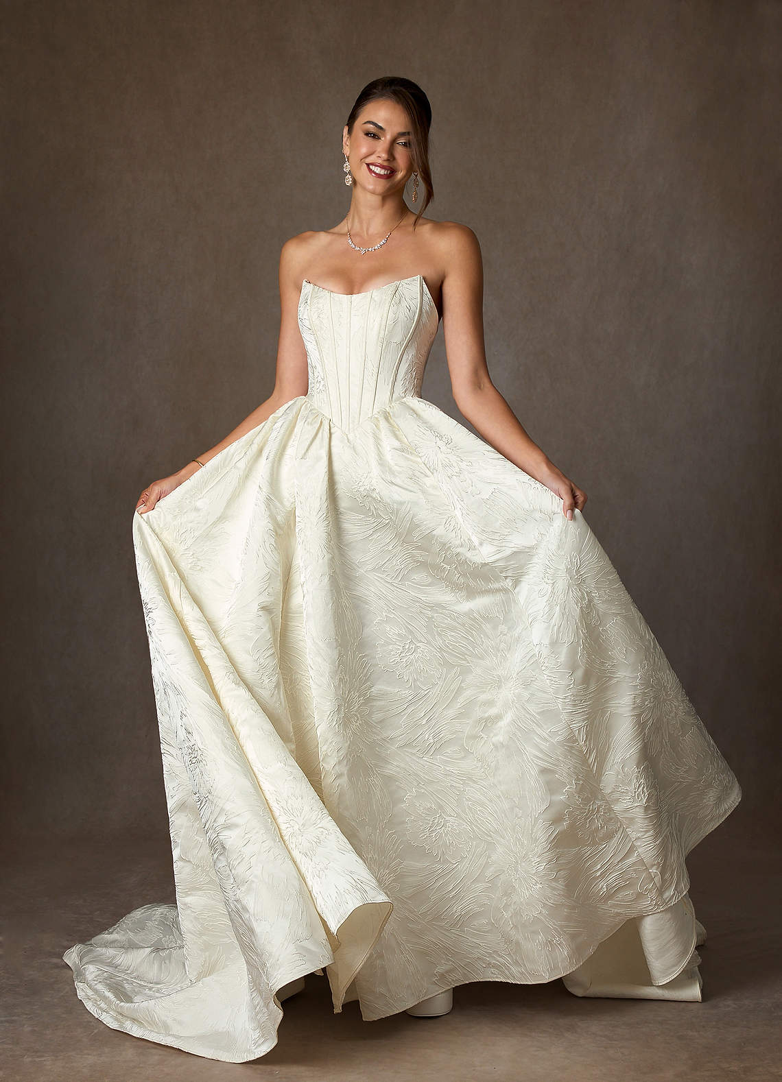 Azazie Demetria Wedding Dresses Antique White Ball-Gown Strapless Floral Jacquard Dress image3