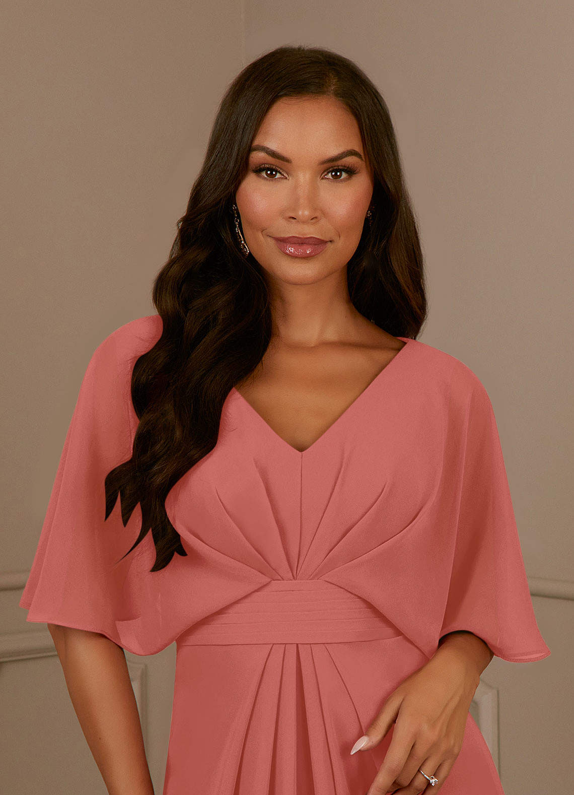 Azazie Oksana Salmon Pink A-Line V-Neck Pleated Chiffon Dress | Azazie