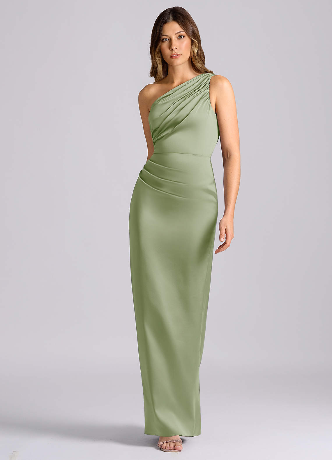 Azazie Akilah Jurken voor bruidsmeisjes Jurk van Stretch Satijn met Zeemeermin One-Shoulder Stoffige Salie image3