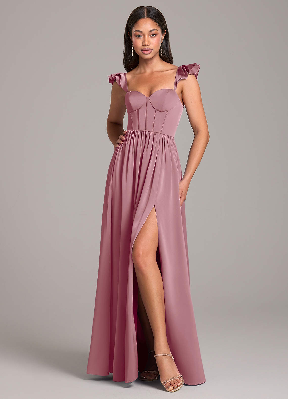 Azazie Denisse Bridesmaid Dresses Vintage Mauve A-Line Ruched Stretch Satin Dress image1