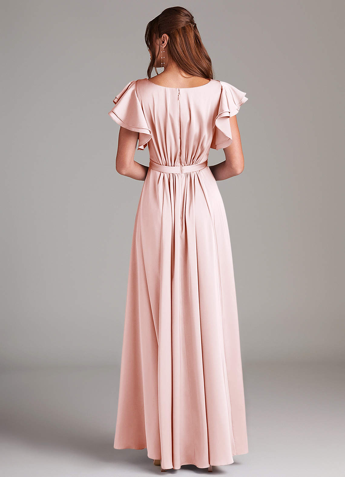 Azazie A Line Scoop Neck Floor Length Stretch Satin Modest Bridesmaid Dresses Blushing Pink