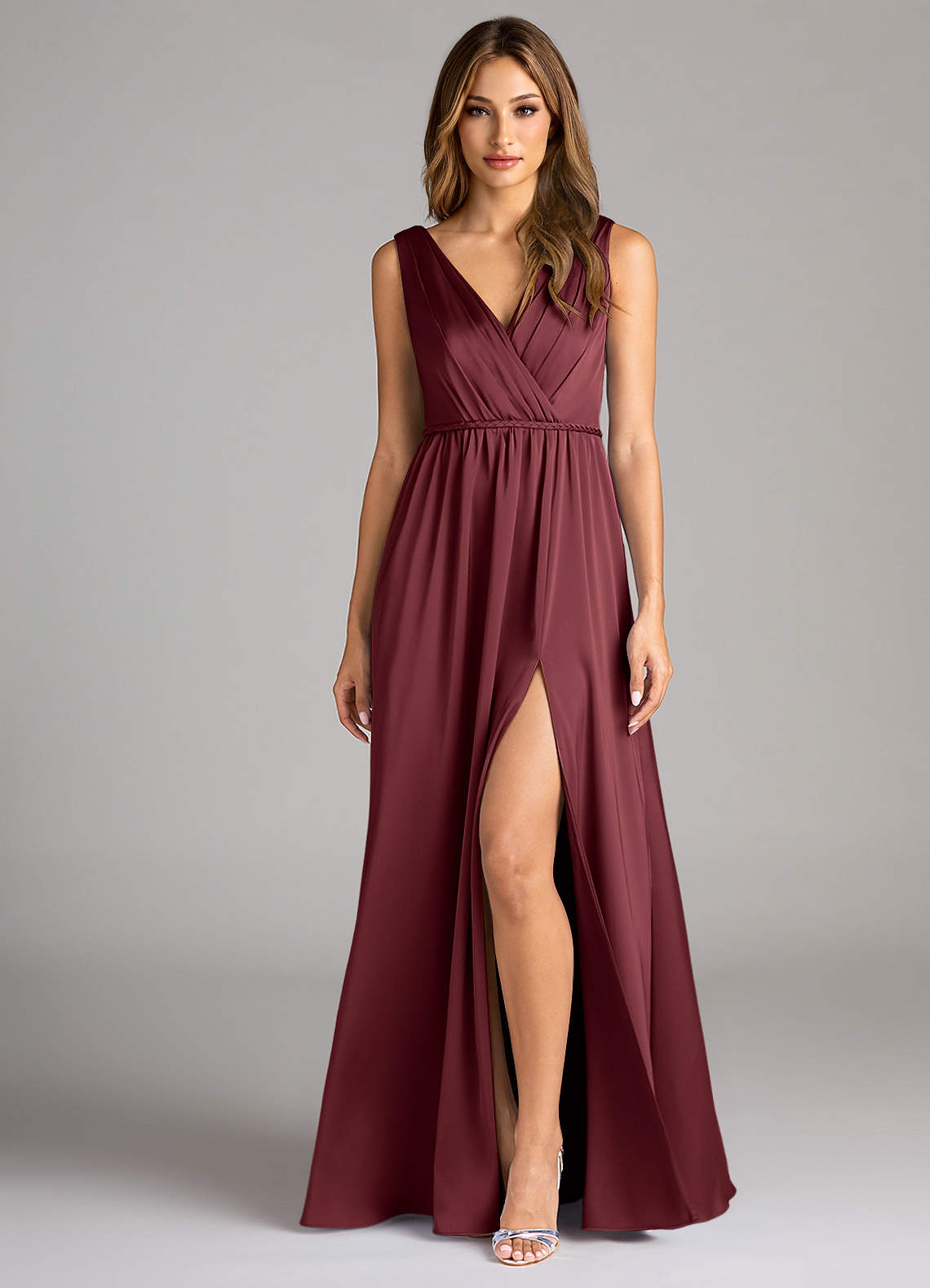 Azazie Tanicia Bridesmaid Dresses Merlot A-Line Pleated Stretch Satin Dress image1