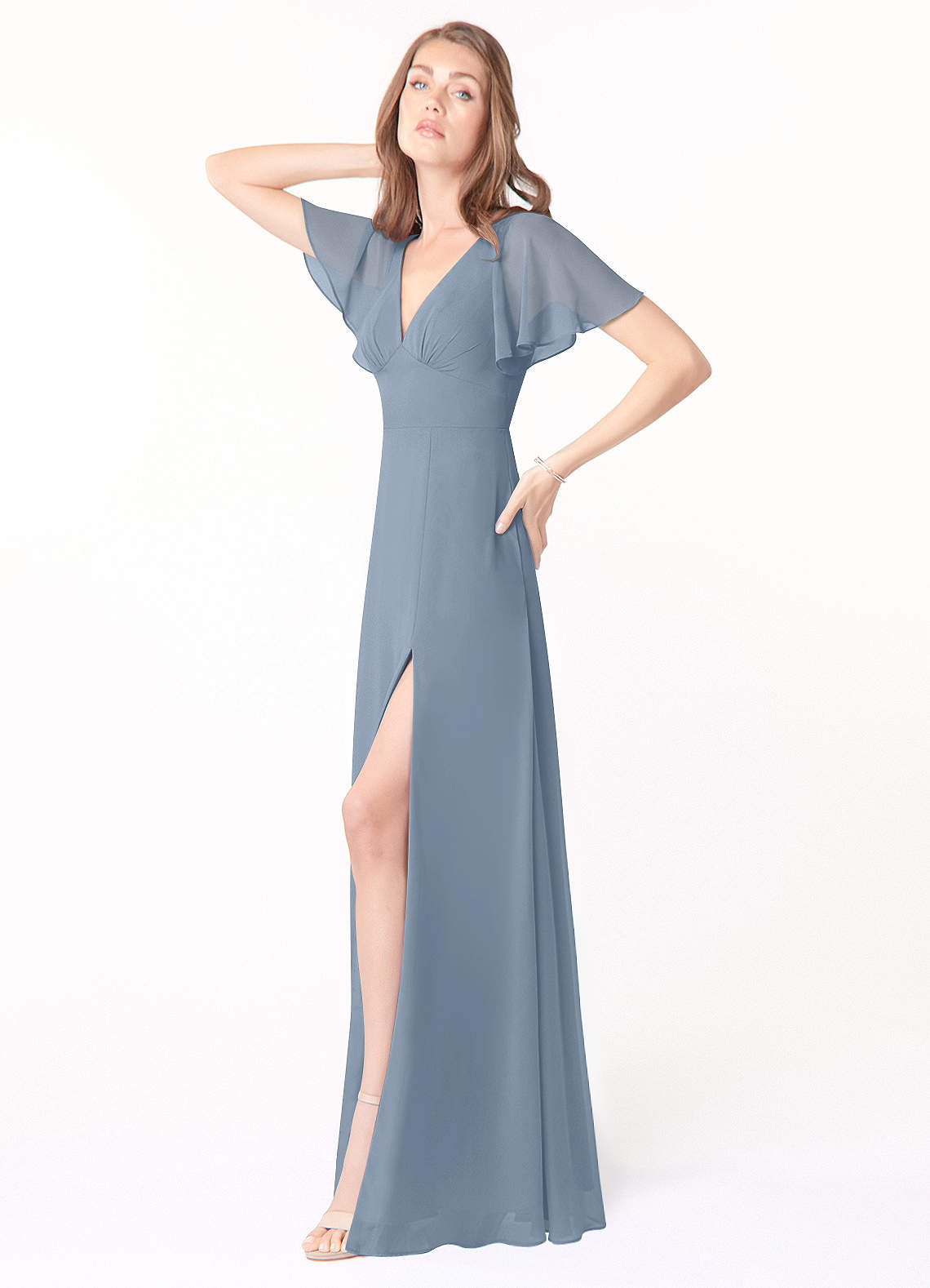 Azazie Kimber Bridesmaid Dresses Dusty Blue A-Line Flounce Sleeve Chiffon Dress image5