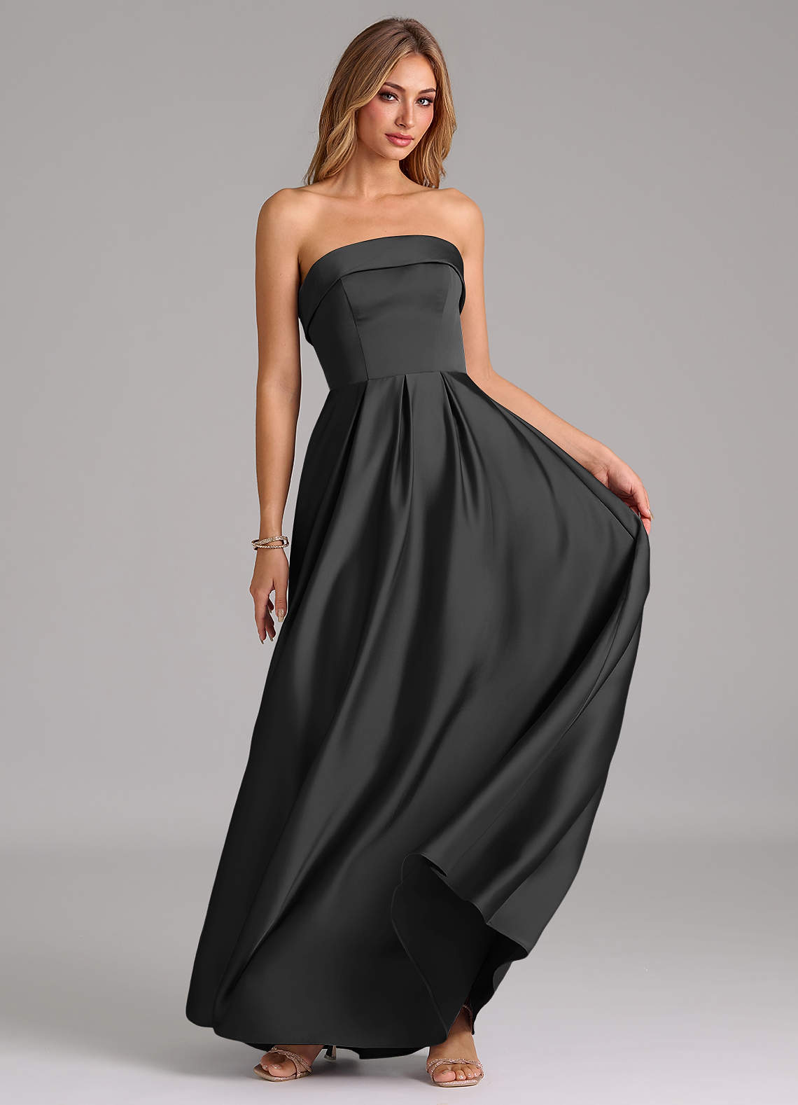 Azazie Lucienne Bridesmaid Dresses Black A-Line Strapless Stretch Satin Convertible Dress image4