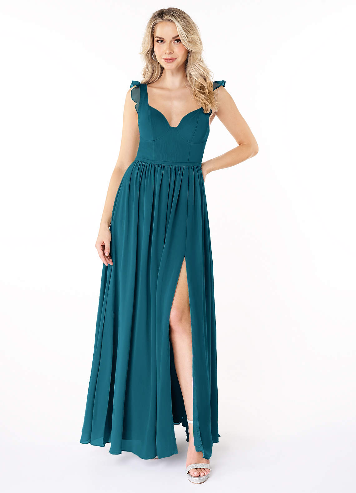 Azazie Stassie Robes de demoiselle d'honneur Robe Trapèze en Mousseline de soie Décolleté froncé Bleu Encre image1